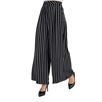 Tronjori Women High Waist Casual Wide Leg Long Palazzo Pants Trousers Regular Size(XS,Black White)