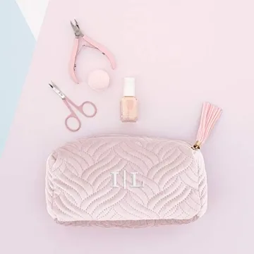 Personalized Blush Pink Velvet Makeup Bag for Women
