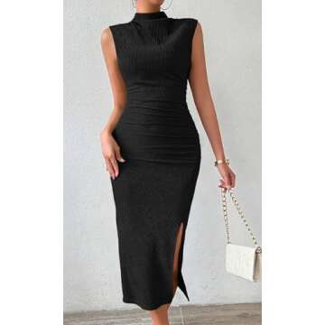 MITILLY Women Summer Formal Wedding Guest Dress - Elegant High Neck Sleeveless Ruched Bodycon Midi D...
