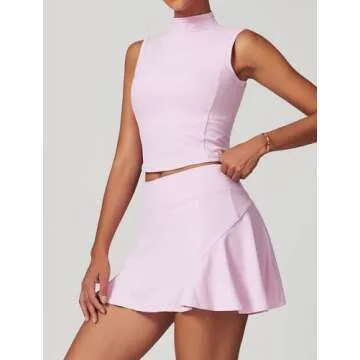 ABOCIW Tennis Skirt Sets Women 2 Piece Outfits High Waist Plested Mini Skirt Skorts Athletic Dress with Shorts Sleeveless High Neck Workout Crop Tank Top with Bra Golf Outfits Pink Small