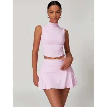 ABOCIW Tennis Skirt Sets Women 2 Piece Outfits High Waist Plested Mini Skirt Skorts Athletic Dress with Shorts Sleeveless High Neck Workout Crop Tank Top with Bra Golf Outfits Pink Small