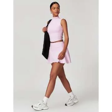 ABOCIW Tennis Skirt Sets Women 2 Piece Outfits High Waist Plested Mini Skirt Skorts Athletic Dress with Shorts Sleeveless High Neck Workout Crop Tank Top with Bra Golf Outfits Pink Small