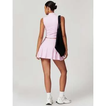 ABOCIW Tennis Skirt Sets Women 2 Piece Outfits High Waist Plested Mini Skirt Skorts Athletic Dress with Shorts Sleeveless High Neck Workout Crop Tank Top with Bra Golf Outfits Pink Small