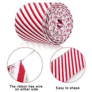 2 Rolls Christmas Peppermint Stripe Ribbon Red and White Wired Edge Candy Cane Peppermint Ribbon for...