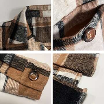 Xaspee Womens Long Plaid Shacket Jacket Casual Fashion Lapel Button Down Long Sleeve Long Plaid Coat with Pockets(Khaki-S)