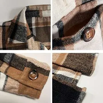 Xaspee Womens Long Plaid Shacket Jacket Casual Fashion Lapel Button Down Long Sleeve Long Plaid Coat with Pockets(Khaki-S)
