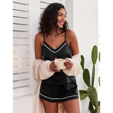 Ekouaer Satin Pajamas Women's Soft Sleepwear Lingerie Silk Cami Shorts Set Nightwear Black,XX-Large