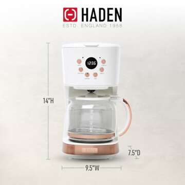Haden Coffee Machine, 12 Cup Programmable Drip Coffee Maker with Auto Shut-Off Function and Reusable Washable Water Filter, Ivory & Copper