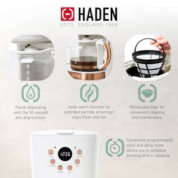 Haden Coffee Machine, 12 Cup Programmable Drip Coffee Maker with Auto Shut-Off Function and Reusable Washable Water Filter, Ivory & Copper