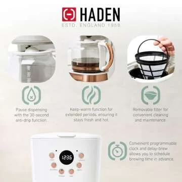 Haden Coffee Machine, 12 Cup Programmable Drip Coffee Maker with Auto Shut-Off Function and Reusable Washable Water Filter, Ivory & Copper