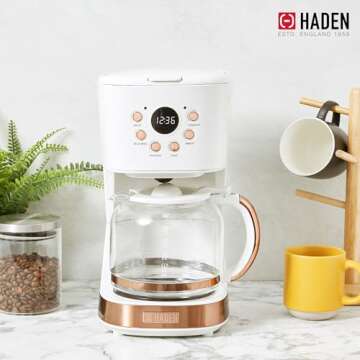Haden Coffee Machine, 12 Cup Programmable Drip Coffee Maker with Auto Shut-Off Function and Reusable Washable Water Filter, Ivory & Copper