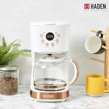 Haden Coffee Machine, 12 Cup Programmable Drip Coffee Maker with Auto Shut-Off Function and Reusable Washable Water Filter, Ivory & Copper