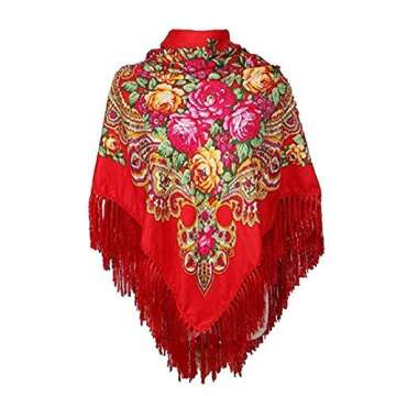 Classic Red Russian Shawl with Floral Print and Tassels