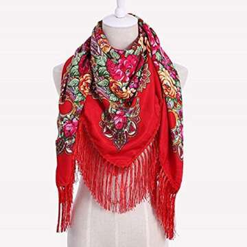 Classic Red Russian Shawl with Floral Print and Tassels