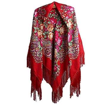 Classic Red Russian Shawl with Floral Print and Tassels