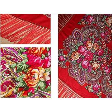 Classic Red Russian Shawl with Floral Print and Tassels