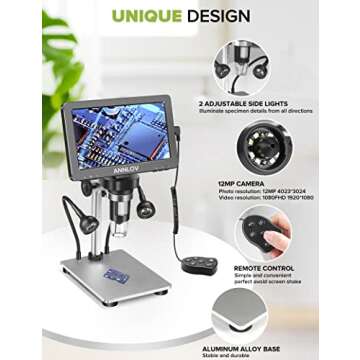 ANNLOV 7" LCD Digital Microscope with 32GB TF Card 1200X Maginfication 1080P Coin Microscope with Wired Remote,12MP Ultra-Precise Focusing Video Camera with 8 LED Fill Lights Windows/Mac Compatible
