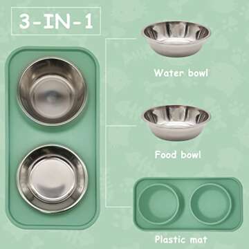 BNOSDM Double Dog Food Bowls Stainless Steel Dog Food and Water Bowls with Non-Spill Plastic Mat Pet Cat Feeder Bowl Set for Puppy Cats Kitten Small Medium Dogs Green