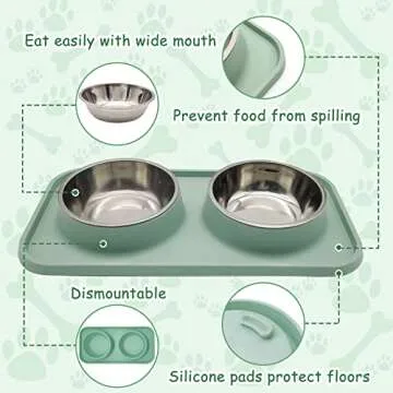 BNOSDM Double Dog Food Bowls Stainless Steel Dog Food and Water Bowls with Non-Spill Plastic Mat Pet Cat Feeder Bowl Set for Puppy Cats Kitten Small Medium Dogs Green