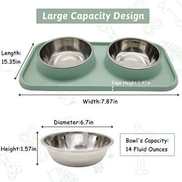 BNOSDM Double Dog Food Bowls Stainless Steel Dog Food and Water Bowls with Non-Spill Plastic Mat Pet Cat Feeder Bowl Set for Puppy Cats Kitten Small Medium Dogs Green