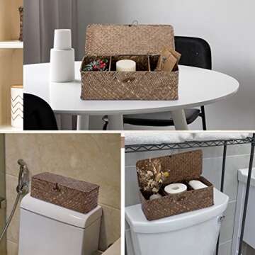Hipiwe Storage Basket with Lid 3 Compartment Toilet Tank Toilet Paper Basket Holder Handwoven Wicker...