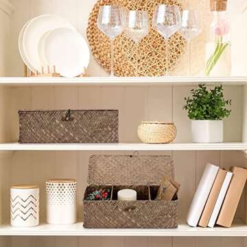 Hipiwe Storage Basket with Lid 3 Compartment Toilet Tank Toilet Paper Basket Holder Handwoven Wicker Basket Home Organizer Bin for Shelves Bathroom Closets Kitchen, Coffee