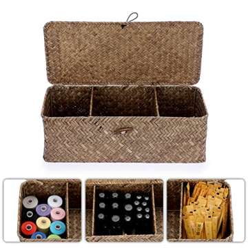 Hipiwe Storage Basket with Lid 3 Compartment Toilet Tank Toilet Paper Basket Holder Handwoven Wicker Basket Home Organizer Bin for Shelves Bathroom Closets Kitchen, Coffee