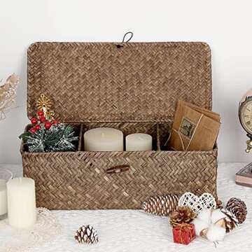 Hipiwe Storage Basket with Lid 3 Compartment Toilet Tank Toilet Paper Basket Holder Handwoven Wicker Basket Home Organizer Bin for Shelves Bathroom Closets Kitchen, Coffee