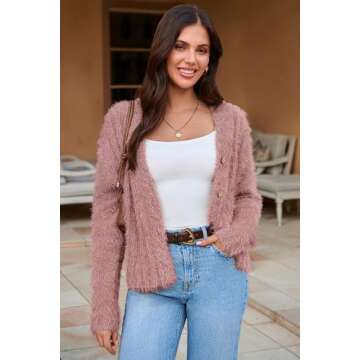Fuzzy Cardigans for Women Open Front V-Neck Button Down Outwear Coats Sweater Pink S