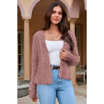 Fuzzy Cardigans for Women Open Front V-Neck Button Down Outwear Coats Sweater Pink S