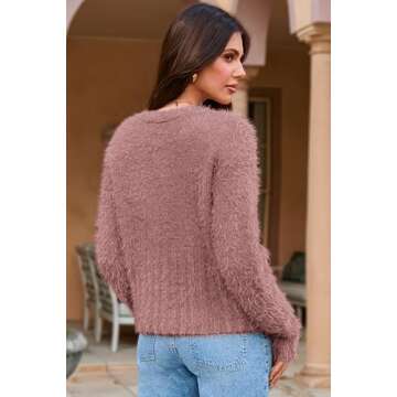 Fuzzy Cardigans for Women Open Front V-Neck Button Down Outwear Coats Sweater Pink S