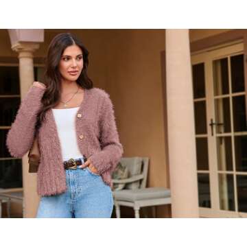 Fuzzy Cardigans for Women Open Front V-Neck Button Down Outwear Coats Sweater Pink S