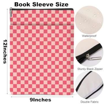 Pink Checkered Pattern Book Lovers Gifts Waterproof Book Sleeve Book Pouch Book Protector with Zipper & Front Pocket BookCover Case for Women Girl Readers Librarian Book Accessories Book Club Gifts
