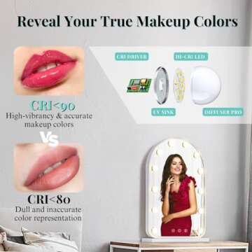 LUXFURNI Hollywood Mirror with Lights Makeup Mirror for Bedroom, 24.5" L x 15.8" W Large Vanity Lighted up Mirror with 12 Dimmable Bulbs Smart Touch Control 3 Color Lighting Modes (White)