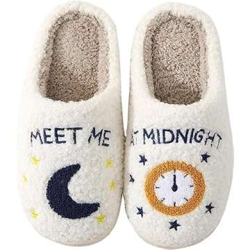 MVYNUL Unisex Meet Me at Midnight Slippers Soft Embroidered Plush Fluffy Warm Home Slippers Indoor O...
