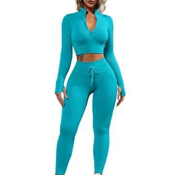 QINSEN Yoga Leggings for Women Tummy Control GMY Fitness Training Crop Tops 2 Piece Workout Exercise Sets Outfits Teal M