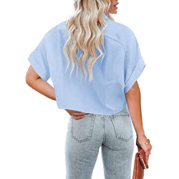 Tankaneo Womens Casual Short Sleeve Button Down Cropped Shirts Collared Summer Crop Tops Solid Color...