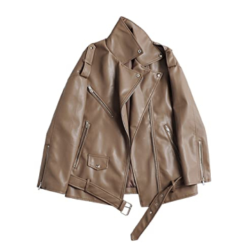 LY VAREY LIN Women Faux Leather Jacket Lapel Collar Motorcycle Zip Up Long Sleeve Motor Biker Short ...