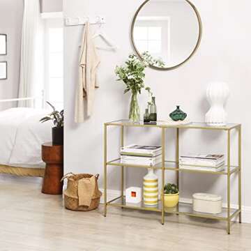 VASAGLE 39.4 Inch Console Table with 3 Shelves, Sofa Table, Entryway Table, Metal Frame, Tempered Glass Shelf, Modern Style, for Entryway Living Room Bedroom, Metallic Gold and Transparent ULGT27G
