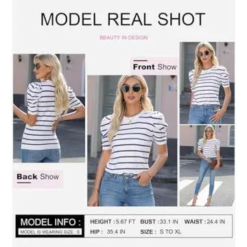 Dokotoo Blue Striped Tops for Women Casual Lightweight Knitted Blouses Puff Short Sleeve Elegant Sum...