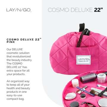Lay-n-Go Cosmo Drawstring Cosmetic & Makeup Bag Organizer - Portable Drawstring Makeup Bag w/Zipper Pocket, Makeup Loops & More - Durable, Machine Washable Makeup Bag for Travel (22”, Pink)