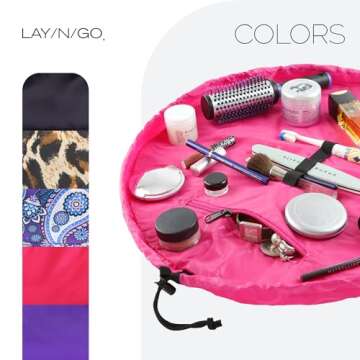 Lay-n-Go Cosmo Drawstring Cosmetic & Makeup Bag Organizer - Portable Drawstring Makeup Bag w/Zipper Pocket, Makeup Loops & More - Durable, Machine Washable Makeup Bag for Travel (22”, Pink)