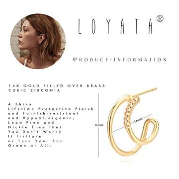 LOYATA Double Hoop Earrings Gold Open C Shape Circle Diamond Cubic Zirconia 14K Gold Plated Small Simple Hypoallergenic Illusion Jewelry Gift for Women