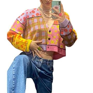 Womens Flower Cropped Cardigan Sweater Long Sleeve Preppy Style 90s Cherry V Neck Knit Button Down Sweaters Tops Shirts (Pink, S)