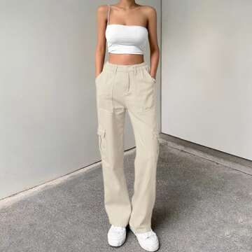 Lepunuo Cargo Pants for Women High Waisted Casual Pants Baggy Stretchy Wide Leg Y2K Streetwear with 6 Pockets
