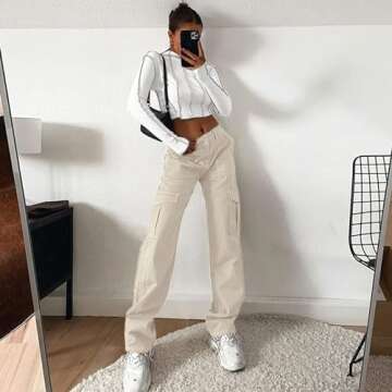 Lepunuo Cargo Pants for Women High Waisted Casual Pants Baggy Stretchy Wide Leg Y2K Streetwear with 6 Pockets