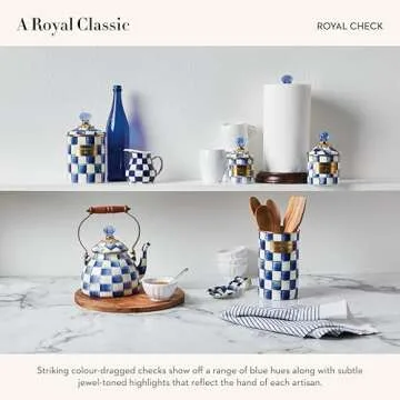MACKENZIE-CHILDS Large Enamel Canister, Kitchen Storage Container for Flour and Sugar, 1.89 Liters, Blue-and-White Royal Check