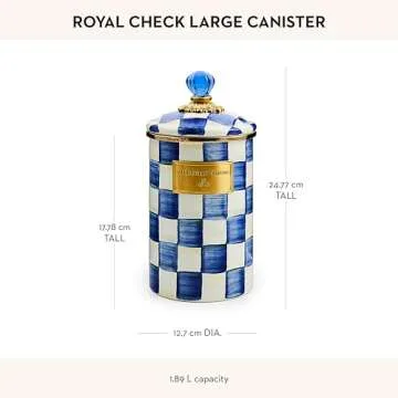 MACKENZIE-CHILDS Large Enamel Canister, Kitchen Storage Container for Flour and Sugar, 1.89 Liters, Blue-and-White Royal Check