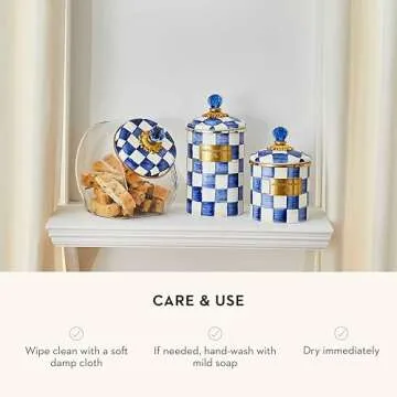 MACKENZIE-CHILDS Large Enamel Canister, Kitchen Storage Container for Flour and Sugar, 1.89 Liters, Blue-and-White Royal Check