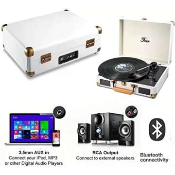 Vinyl Record Player Bluetooth with Speakers 3 Speed Portable Turntable Suitcase Built in 2 Speakers RCA Line Out AUX Headphone Jack PC Recorder-White
